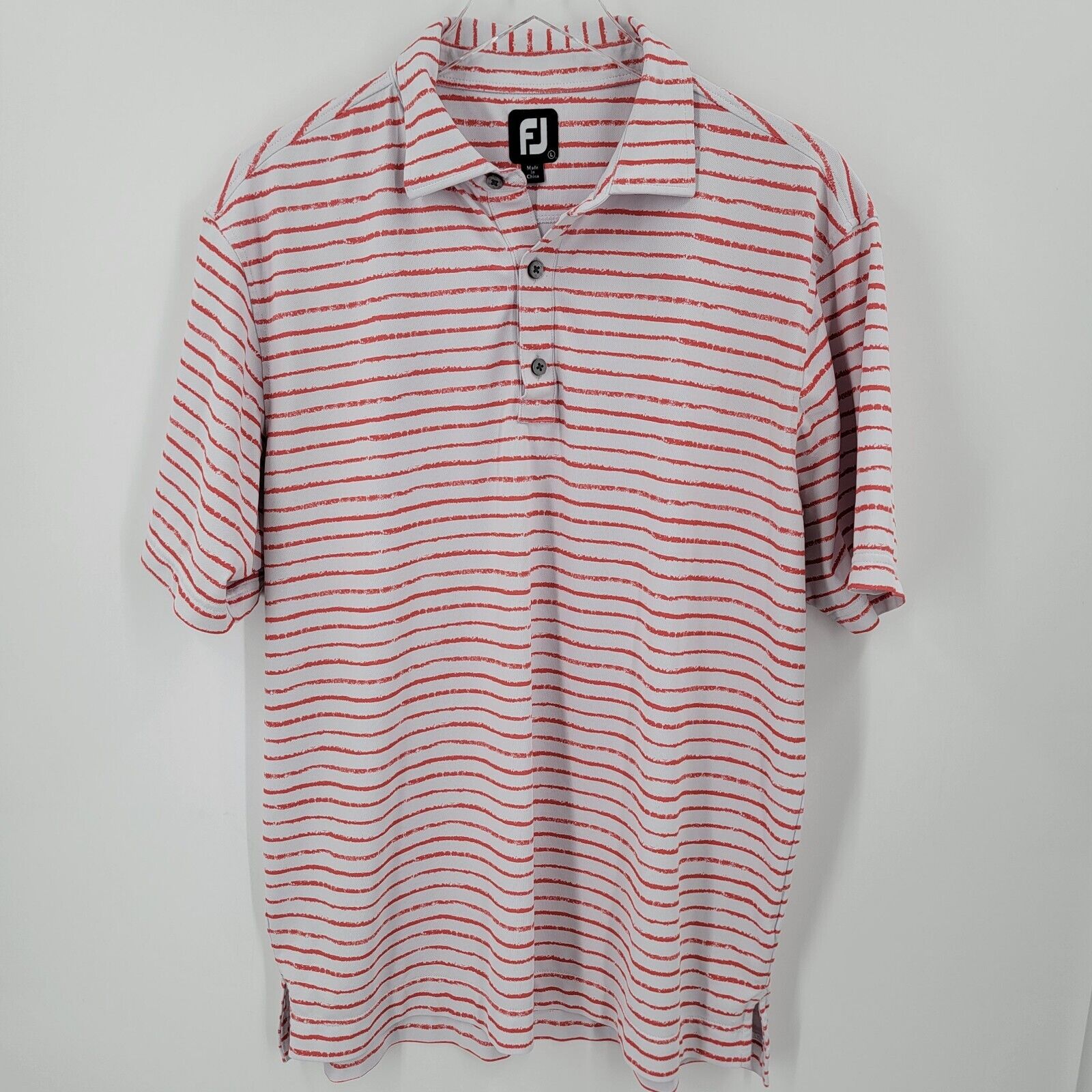Footjoy Shirt Mens Large Performance Polo Chalk Line Print Stretch Coral White